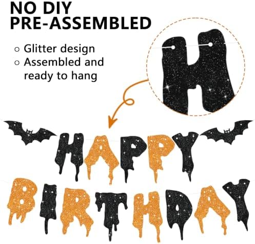 Glitter Happy Birthday Halloween Banner - NO DIY - Halloween Hanging Paper Garland Bunting Banner Decorations, Party Supplies for Kids Boy Girl Birthday Black Orange