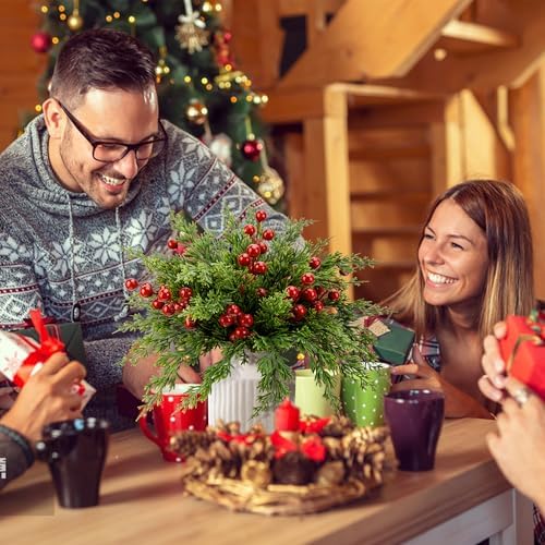45 Pcs Christmas Artificial Pine Branches Red Berry Stems Faux Xmas Sprigs