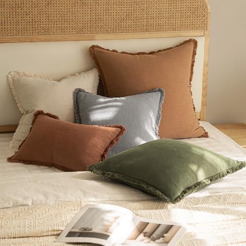MIULEE Boho Linen Fringe Decorative Throw Pillow Covers Light Grey 18x18