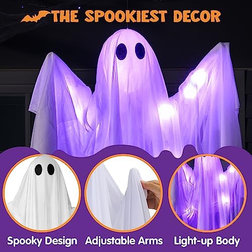 JOYIN Halloween Hanging Light up Ghost, 47" White Ghosts with Purple LED Light and Timer Halloween Hanging Decoration Waterproof for Front Yard Patio LawnGarden Party Decor Indoor Outdoor