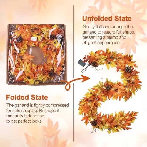 6FT Fall Garland with 30 Warm Lights & Timer & Gradient Maple Leaves
