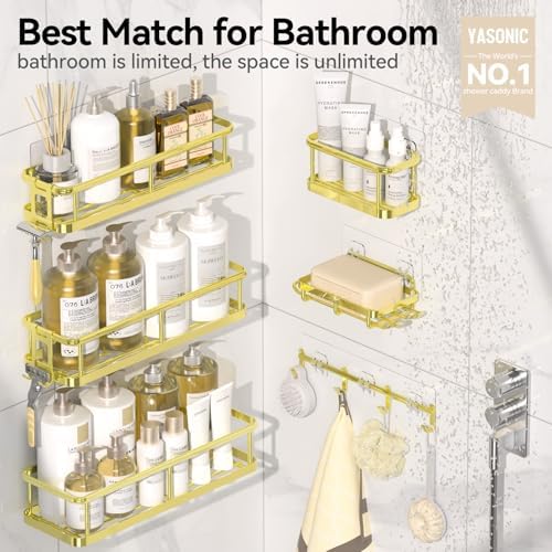 YASONIC Shower Caddy Adhesive, Rustproof Shower Organizer with Soap Holder, Large Capacity Shower Shelves for Inside