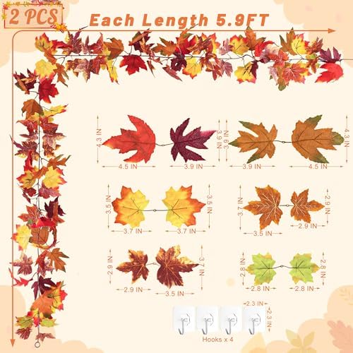 2Pack 11.8FT Fall Maple Leaf Garland for Mantle Thanksgiving Decorations