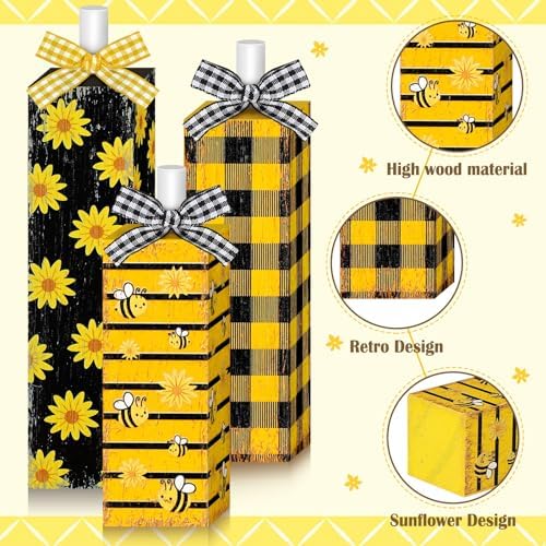 Redbaker 3 Pcs Sunflower Bee Table Decor, Wood Sunflower Tiered Tray Decor