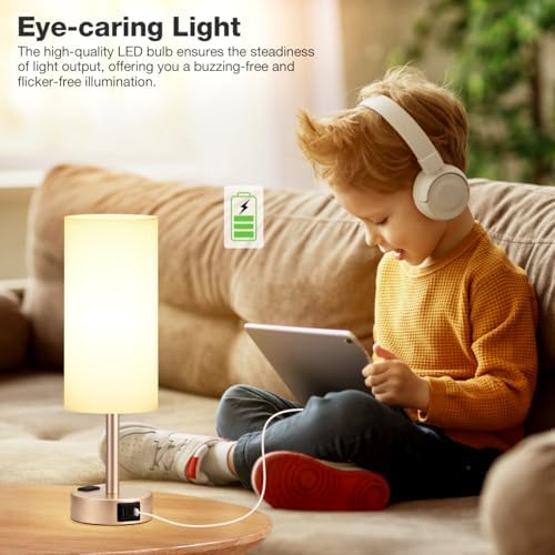 Antique White Bedside Table Lamp, Dimmable Touch Lamp, USB A+C, AC Outlet