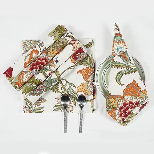 TARAN LIVING Cotton Cloth Napkins Natural Reusable Fall Dinner Napkins Reusable Machine Washable Fabric for Events, Gift, Home Decor - Kaveri, 20x20 Inches (Pack of 12)