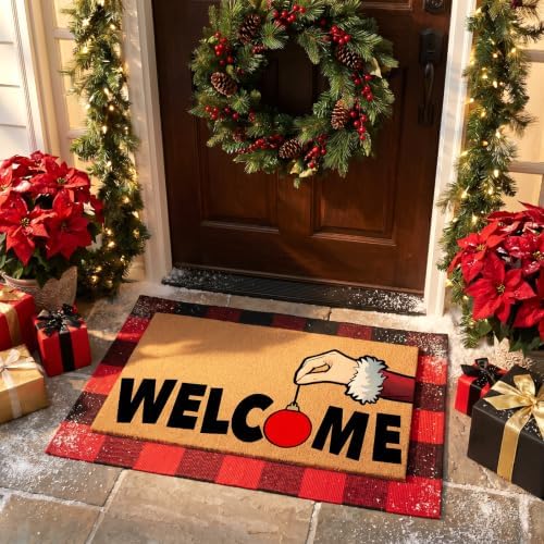 Tinideya 2 Pcs Christmas Door Mat Outdoor Layered Red and Black Welcome Mat