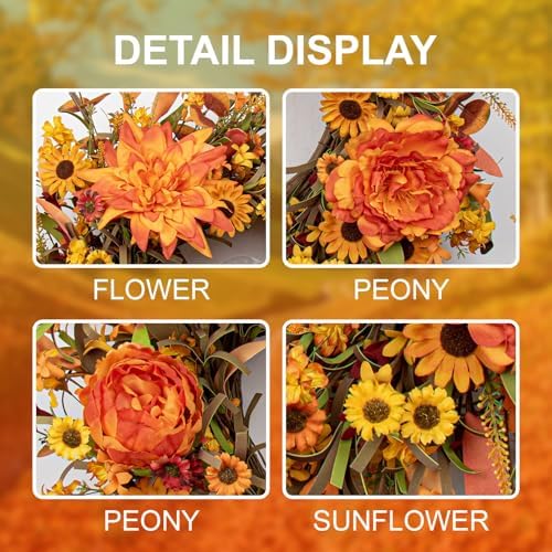 J'FLORU 22 Inch Artificial Fall Wreath Autumn Wreaths for Front Door Thanksgiving Wreath with Peony Dahlia Daisy Flowers for Thanksgiving Day Harvest Festival Wall Porch Indoor Outdoor