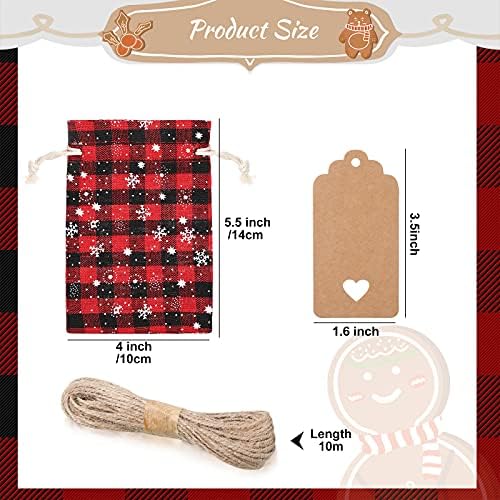 Shappy 24 Pcs Christmas Drawstring Gift Bags Xmas Buffalo Plaid Burlap Advent Bags 5.5 x 4 Inches Linen Treat Candy Bag with 32.8 ft Rope 24 Card(Black Red Snowflake)