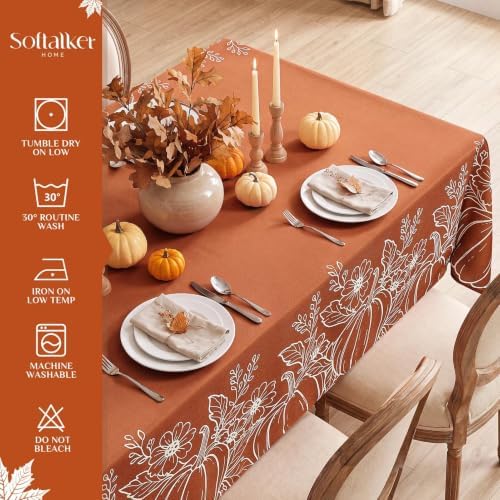Softalker Long Fall Tablecloths 60x120 Inch Rectangular, Faux Linen Autumn Table Cloth Maple Leaves & Pumpkin Table Cover for 6/8/10 Foot Rectangle Large Tables Decor for Thanksgiving,Dining,Outdoor