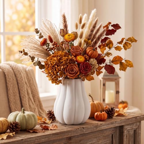 1 Pcs 6" Fall Pumpkin Vase Ceramic White Vase for Table Decor Centerpieces