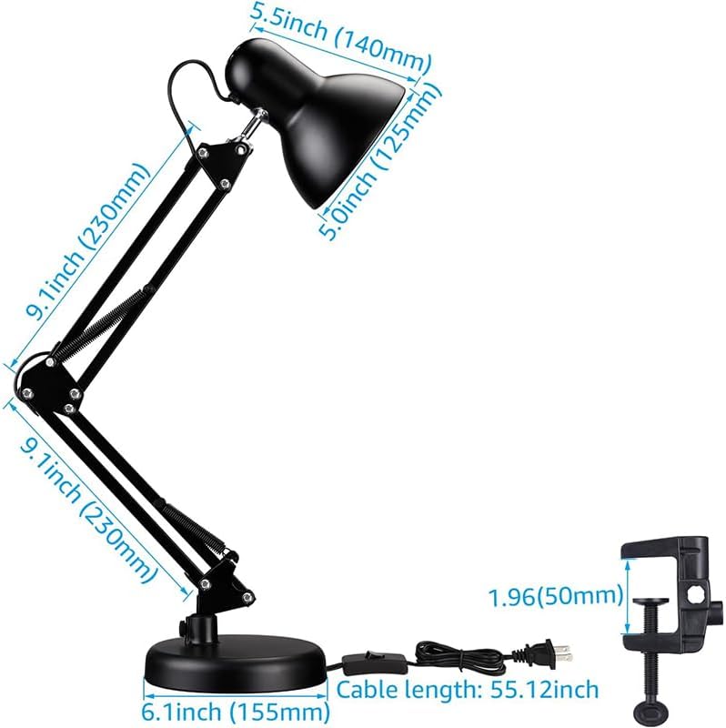 Adjustable Clamp Desk Lamp 24" Height, Swing Arm Architect Metal Table Lamp, Gooseneck and 360° Rotating Shade, E26