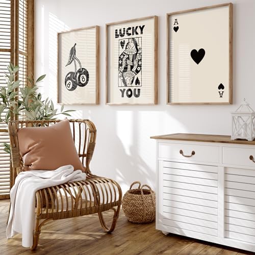Heiple Framed Set of 3 Poker Wall Art Lucky You Poster, Trendy Retro Print Wall Decor for Queen of Hearts Wall Art
