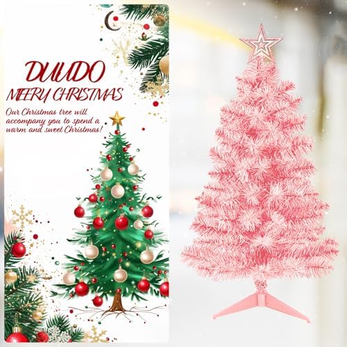 DUUDO 3FT Pink Premium Hinged Artificial Holiday Small Mini Christmas Tree for Tabletop,Home, Office, Indoor and Outdoor Holiday Decoration,Easy Assembly Metal Hinges & Foldable Base