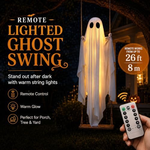 Halloween Hanging Swinging Ghost, Light Up Ghost Porch Decor with IP65 Remote String Lights, Halloween Outdoor Spooky Ghosts Decoration for Front Porch Tree Yard Entryway