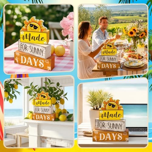Lineshading 4 Pcs Summer Table Decor Farmhouse Wooden Sun Beach Block Signs