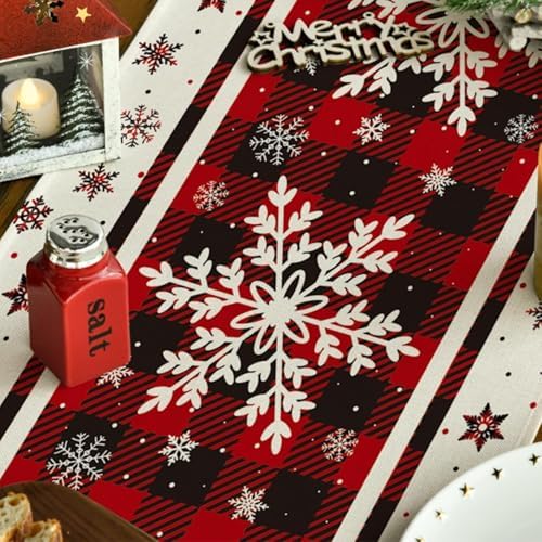 Niviy Snowflakes Christmas Table Runner with Buffalo Plaid, Winter Xmas Holiday Kitchen Dining Table Decoration for Indoor Outdoor Home Party Decor 13 x 120