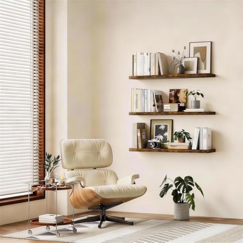 BAYKA Rustic Brown Floating Shelves 22.5in, 3 Pack, Wall Mount Wood Shelf