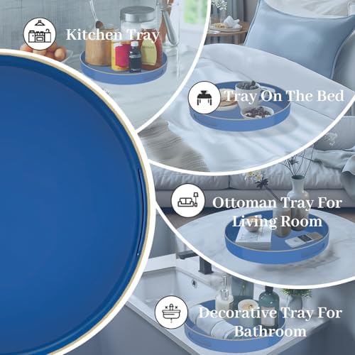 MAONAME 13" Blue Decorative Tray, Plastic Round Serving Tray with Handles