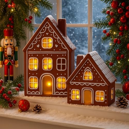 Funnymoom 2 Sets LED Ceramic Gingerbread Houses Christmas Tabletop Decor