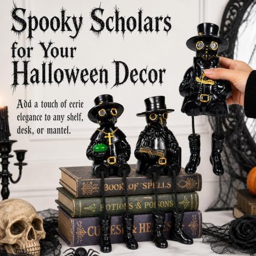 Exasinine 3 Pcs Halloween Plague Doctor Figurines with Dangling Legs Resin Gothic Crow Shelf Sitting Statues for Halloween Table Fireplace Indoor Gothic Home Decor Ornaments