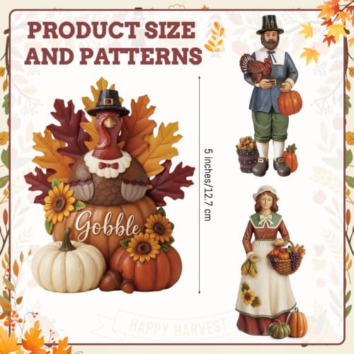 Simgoing 3 Pcs Fall Thanksgiving Figurine Resin Turkey Pilgrims Table Decor