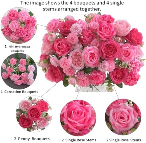 8 Pcs Mixed Artificial Peony Flowers Set-4 Bouquets & 4 Stems, Pink Fake Peony Rose Hydrangea Flowers for Vase Silk Floral Arrangements for Table Centerpiece Wedding Party Bridal Decoration Home Decor