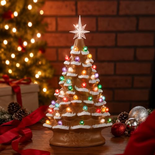 Casafield Hand Painted Ceramic Christmas Tree, Gingerbread 15-Inch Pre-Lit Tree with 128 Multi Color Lights, 2 Star Toppers