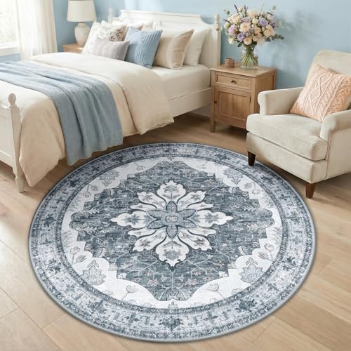 RELEANY Washable Area Rug, Round 5ft, Grey/White/Beige