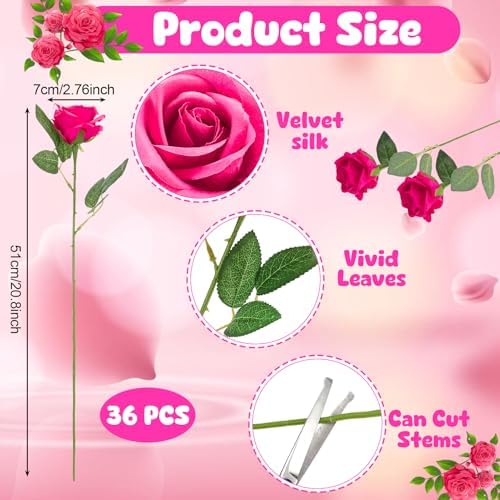 36 Pcs Hot Pink Artificial Roses with Long Stems