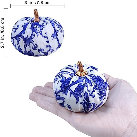 Winlyn 12 Pcs Small Fabric Decorative Blue and White Pumpkins Chinoiserie Chic Foam Pumpkins 3" for Gifts Fall Wedding Halloween Thanksgiving Table Centerpiece Mantel Farmhouse Décor