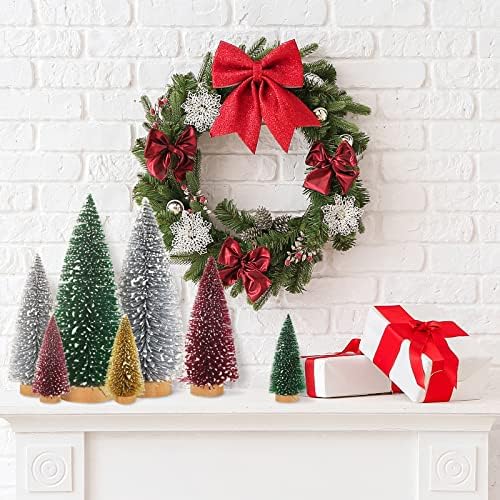 Whaline 16Pcs Artificial Mini Christmas Tree Snow Frosted Trees Red Green Gold Silver Bottle Brush Trees Desktop Mini Pine Tree with Wood Base for Xmas Home Office Tabletop Crafts, 3 Sizes