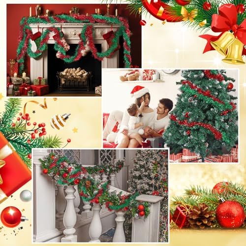 Shappy 90 ft 6 Rolls Christmas Tinsel Garland for Tree, Red, Green