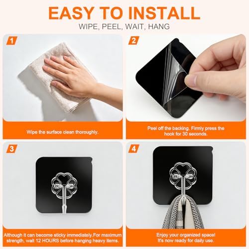 DDMY Black Adhesive Wall Hook for Hanging Heavy Duty Sticky Hooks 24 Pack