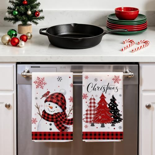 Hexagram Christmas Kitchen Towels, Red Plaid Snowman Christmas Decorations