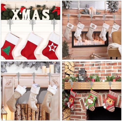 Peryiter 12 Pcs Snowflake Stocking Holders Metal Hooks for Mantle,Silver