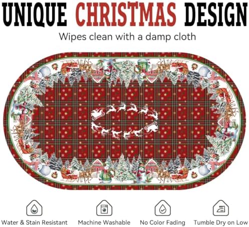 Red Oval Christmas Plaid Tablecloth 60 x 102 Inch, Waterproof Machine Washable Fabric Polyester Christmas Table Cloths Oval Snowman Xmas Holiday Tablecloth for Kitchen Dining Party