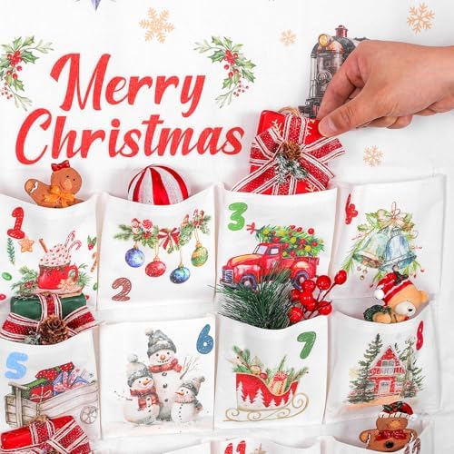 Fabric Christmas Advent Calendar with Pockets 24 Days Christmas Countdown Advent Calendar Hanging Countdown Calendar to Fill Reusable Wall Hanging Storage Bag for Home Xmas Holiday Decor