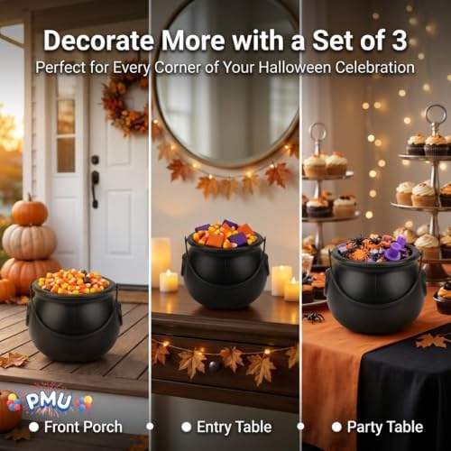 PMU 3 Pcs Halloween Small Cauldron 6 Inch Witch and Wizard Trick or Treat Blow Mold Plastic Candy Basket Black Cauldron for Home Decoration and Halloween Party Favors