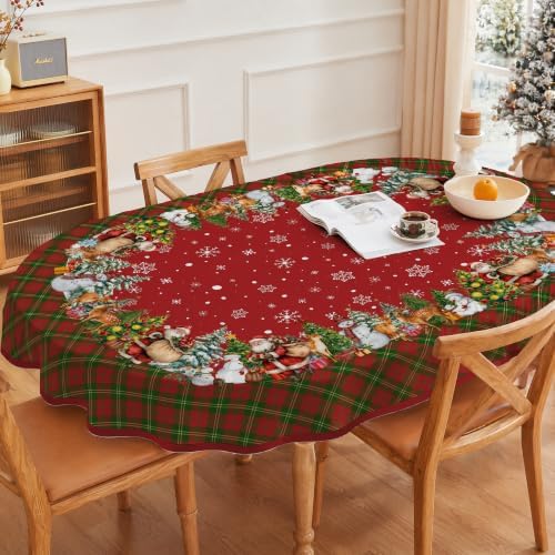 Christmas Tablecloth 60x84 Inch, Santa Claus & Snowman Water Resistant Oval Table Cover, Farmhouse Winter Holiday Table Decor for Xmas Dinner Party Kitchen Home