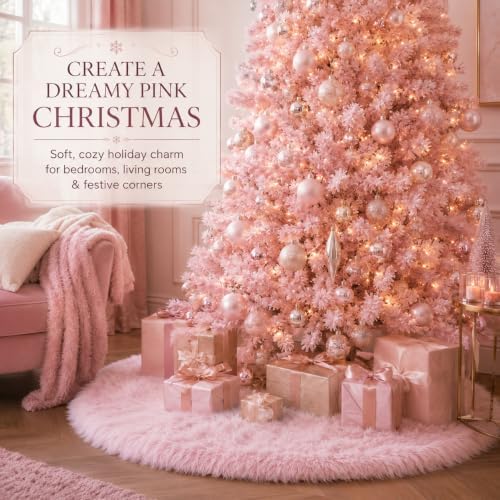 AOGU 60 Inch Faux Fur Christmas Tree Skirt Pink Plush Skirt for Merry Christmas Party Christmas Tree Decoration
