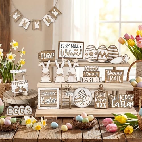 24 Pcs Easter Tiered Tray Decoration Set Easter Table Sign Farmhouse Bunny Eggs Rabbit Carrot Tabletop Centerpieces Spring Wood Blocks Signs for Spring Home Kitchen Office Holiday Party Supplies