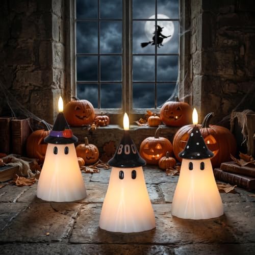 Halloween Decor Flameless Ghost Candles with Witch Hat, 3PCS