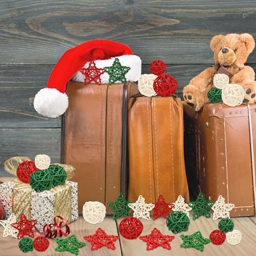 Lucleag 36Pcs Christmas Rattan Balls Star Decorations, Red White Green Natural Wicker Balls Star Ornament Vase Filler DIY Craft with Hemp Rope for Xmas Tree Home Table Decorations Party Supplies