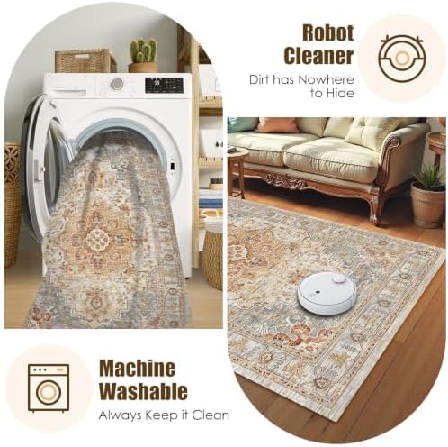 Washable Area Rug 4' x 6' Vintage Traditional Persian Mat - Foldable Distressed Non-Slip Machine Washable Carpet for