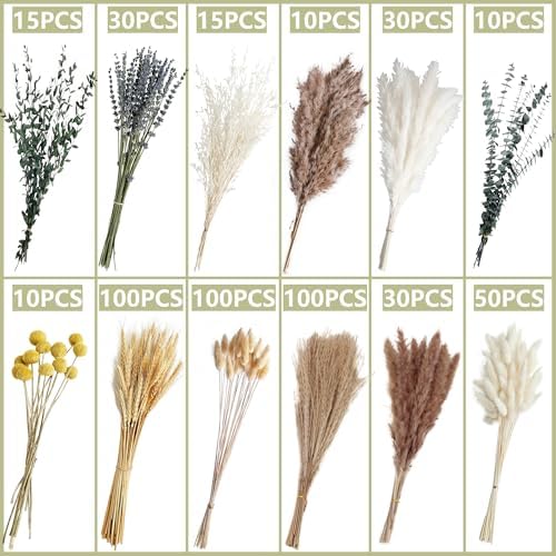 500PCS Dried Pampas Grass Bouquet – Boho Dried Flowers for Vase, White & Brown Pampas, Bunny Tails, Eucalyptus, Wheat & Lavender – Natural Floral Decor for Home, Wedding, Baby Shower &Photoshoot Props