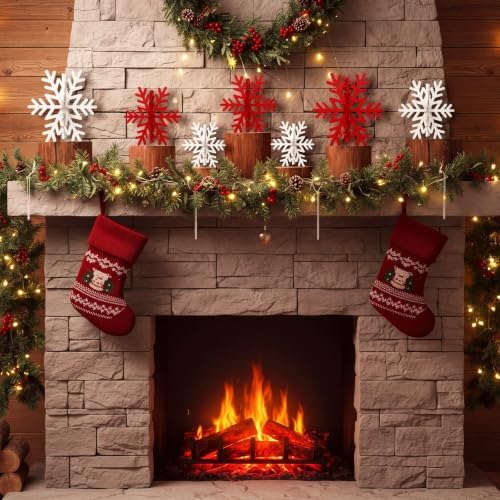 Bucherry 12 Pcs Wooden Snowflakes Table Decor,White, Red