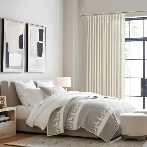 Pinch Pleated 70 Inch Extra Wide Cream Light Filtering Dining Room Curtains 96 Inches Long, Memory Shape Natural Linen