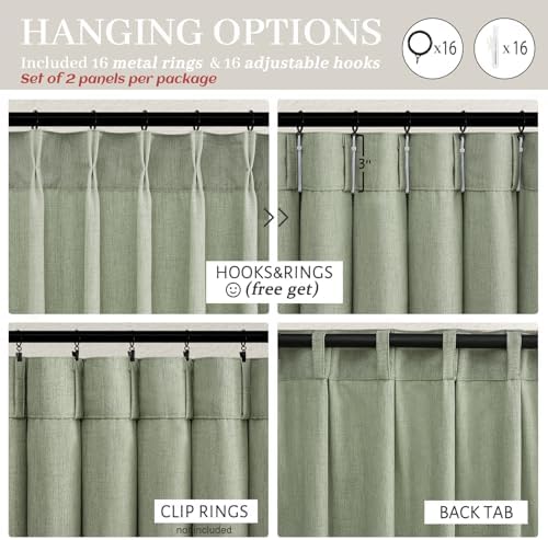 Sage Green Pinch Pleated Linen Light Filtering 105 Inch Extra Long Curtains