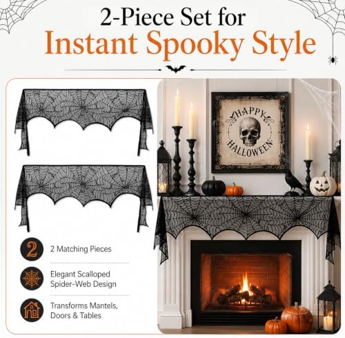 2-Pcs Halloween Fireplace Decorations - 18x98 Inch Black Lace Spiderweb Mantel Scarf Cover for Stair Handrails Door Curtains Spooky Party Supplies Haunted House Indoor Outside Decor Set